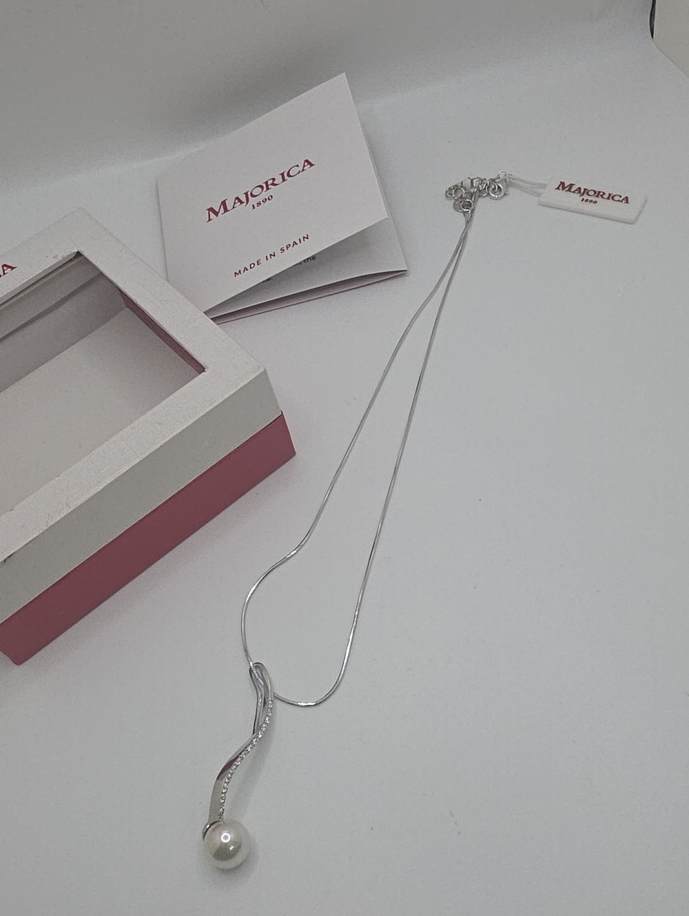 Majorica Silver Pearl Drop Necklace - White Pearl Diamond Accents